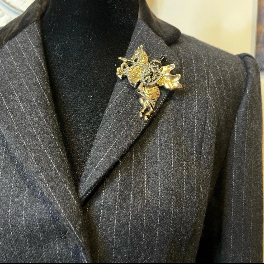 Vintage Medieval Knight and Warhorse Brooch Pin with Rhinestone, Gold-Toned NWOT